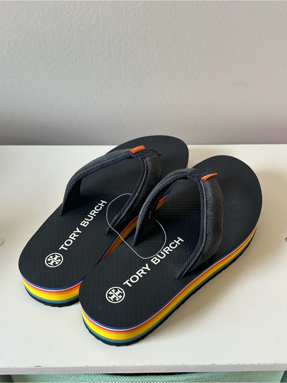 Tory Burch Women’s Flatform Suede Thong Sandals Rainbow Stripe Platform 6M New
